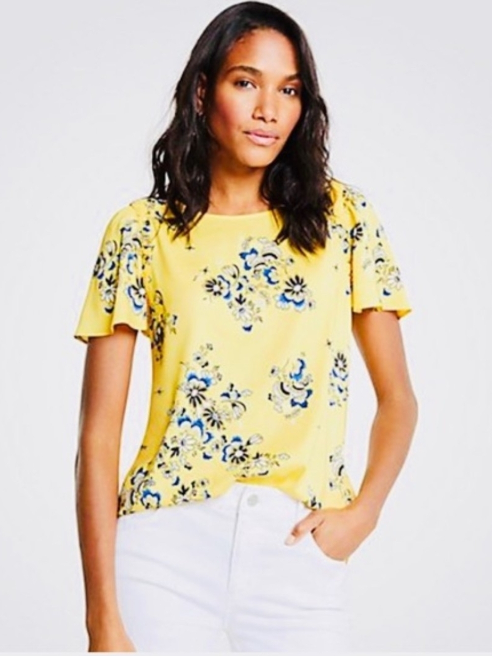 Ann Taylor Yellow Floral Short Sleeve Blouse with Blue Accents
